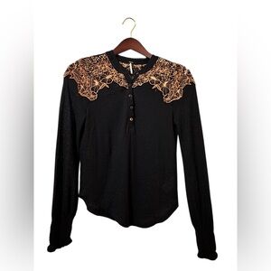 Free People Black Embroidered Lace Yoke Blouse Size M Boho Sheer Top